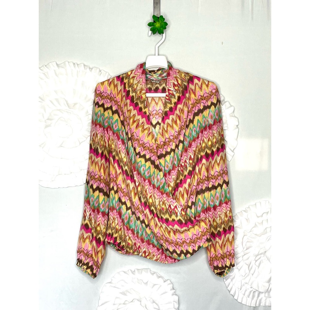 Haute Hippie Silk Crossover Draped Front Top Multicolor Batik Pattern Size Large